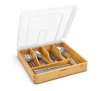 HIMAugbo Cubertería con tapa, portacubiertos portátil, organizador de cubiertos compacto para vacaciones de camping/viajes/jardín, 30 x 30 x 7 cm, bambú