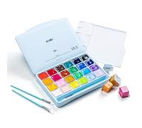 HIMI Gouache - Juego de pinturas con 3 pinceles, 24 colores, 1.06 onzas, diseño de taza de gelatina, pintura no tóxica para lienzo y papel, suministros de arte para profesionales (estuche azul hielo)