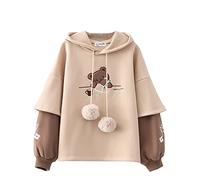 HIMI HIMIFASHION Linda sudadera con capucha de forro polar para niñas adolescentes Kawaii Comic Bear bordado falso de dos piezas, sudadera casual suelta con capucha Tops, caqui, talla única