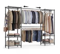 Himimi Burro de Ropa Metálico Resistente, Armario Ropero Abierto con 4 Barras Colgador y 6 Estantes Regulables, Perchero de Pie Telescópico para Dormitorio Vestidor, 35×(175-240)×180cm, Negro