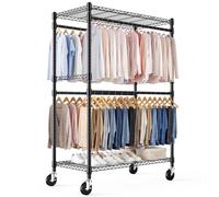 Himimi Burro Perchero de Ropa Resistente con Ruedas, Perchero Doble Altura con 4 Barras y Estantes Ajustables, Perchero Abierto para Dormitorio, Vestidor, Lavandería y Balcón, 114 x 52 x 203 cm, Negro