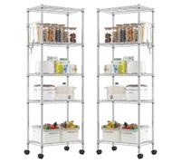 Himimi Estantería con ruedas, 2 unidades, estantería de metal con ruedas cromada, altura ajustable, estantería de almacenamiento de pie con 5 estantes, estantería de pie con ruedas para cocina y baño