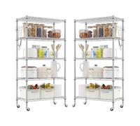 Himimi Estantería con ruedas, 2 unidades, estantería metálica con ruedas, altura regulable, estantería de almacenamiento de pie con 5 estantes y ganchos, estantería de pie para cocina, despensa