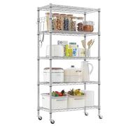 Himimi Estantería con ruedas, estantería de metal con ruedas, altura regulable, estantería de almacenamiento de pie con 5 estantes y ganchos, estantería de pie para cocina, despensa, sótano, 35 x 76 x