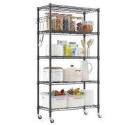 Himimi Estantería con ruedas, estantería de metal con ruedas, altura regulable, estantería de almacenamiento de pie con 5 estantes y ganchos, estantería de pie para cocina, despensa, sótano, 35 x 76 x