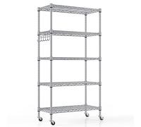 Himimi Estantería Metálica de 5 Niveles con Ruedas, Estante de Alambre de Metal Resistente con Gancho, Estantes Ajustables en Altura para Baño, Cocina, Garaje,Oficina(76lx35wx158h)-Plata