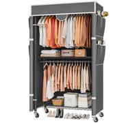 Himimi Perchero con ruedas, perchero estable, doble barra con cubierta y estante ajustable en altura, armario abierto de metal para dormitorio, 90 x 45 x 205 cm, gris