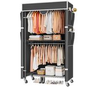 Himimi Perchero con ruedas, perchero estable, doble barra con cubierta y estante ajustable en altura, armario abierto de metal para dormitorio, 90 x 45 x 205 cm, color negro