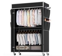 Himimi Perchero de 3 Niveles con Cubierta Perchero Robusto con Ruedas y Altura Ajustable, Barra de Ropa de Metal Estable con 2 Barras para Colgar y 4 Bolsillos Laterales, 90 * 45 * 205cm, Negro