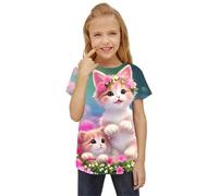 HIMKSRE Ropa Infantil, Camisetas for niñas, Camisetas con Gatitos en 3D, Ropa de Verano for niñas, Ropa de Moda for niñas, Top de Cuello Redondo(S35TX6501,160)