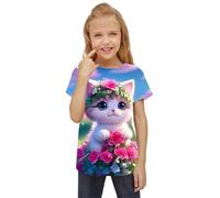 HIMKSRE Ropa Infantil, Camisetas for niñas, Camisetas con Gatitos en 3D, Ropa de Verano for niñas, Ropa de Moda for niñas, Top de Cuello Redondo(S35TX6505,160)