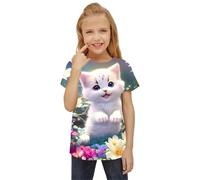 HIMKSRE Ropa Infantil, Camisetas for niñas, Camisetas con Gatitos en 3D, Ropa de Verano for niñas, Ropa de Moda for niñas, Top de Cuello Redondo(S35TX6504,130)