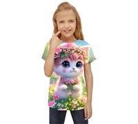HIMKSRE Ropa Infantil, Camisetas for niñas, Camisetas con Gatitos en 3D, Ropa de Verano for niñas, Ropa de Moda for niñas, Top de Cuello Redondo(S35TX6502,110)