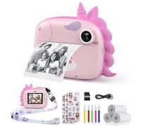 HiMont - Cámara infantil digital instantánea con papel de impresión y tarjeta TF de 32 GB, cámara de vídeo, lápices de colores, clips de fotos para manualidades, regalo, de 3 a 14 años, color rosa