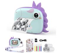 HiMont - Cámara infantil digital instantánea con papel de impresión y tarjeta TF de 32 GB, cámara de vídeo, lápices de colores, clips de fotos para manualidades, regalo, de 3 a 14 años, color verde