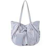 HINAYOSAN Bolsa de hombro de nailon esencial para uso diario, organizada, con cordón plisado, gran capacidad para el trabajo, la escuela y el ocio, bolsa de compras, Gray, One Size