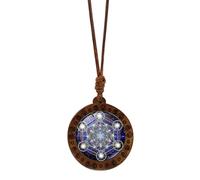 HINAYOSAN Elegante collar de madera con cubo de Metatron, geometría sagrada, hexagrama y amuleto de Sri Yantra, longitud ajustable, estilo choker, ca. 42-82 cm (verstellbar)