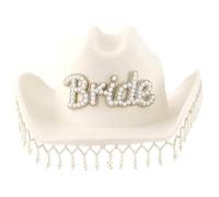 HINAYOSAN Sombrero de vaquero para despedida de soltera para novia con flecos de perlas, sombrero de vaquera, carnaval, fiesta, sesiones de fotos, ala ancha, boda