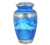 Hind Handicrafts Urna de cremación grabada en plata floral para cenizas humanas adultas, urna de cenizas funerarias hechas a mano, urna de columnario grande, bolsa incluida (azul marino)