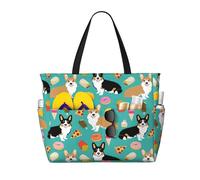 Hingor Bolsa de playa impermeable con estampado de estrellas orientales para mujer, bolsa de piscina ligera y plegable con compartimento húmedo con cremallera, Lindo Corgi, Talla única