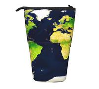 Hingor Estuche de pie con diseño de mapa del mundo, estuche telescópico para lápices, soporte para bolígrafos, bolsa de maquillaje portátil de dibujos animados para escuela, oficina, cosméticos