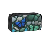 Hingor Estuche para lápices de gran capacidad, diseño de mariposas y piedras verdes, color azul