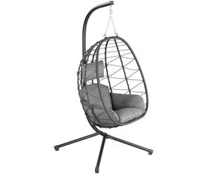 HinHocker Silla Colgante con Soporte, Cojín y Almohadilla | Color Antracita | Columpio Colgante para Interior y Exterior | Estructura Metálica, Columpio de Jardín/Terraza, Silla Colgante Huevo
