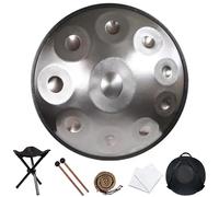 hinhoo 22 Inch D Minor Handpan Drum for Adults, 440Hz 9/10 / 12 Notes Hand Drum with Soft Bag, Mallet, Braid, Stand and Dust Cloth(Silver,10-Note)