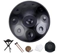 hinhoo 22 Inch D Minor Handpan Drum for Adults, 440Hz 9/10 / 12 Notes Hand Drum with Soft Bag, Mallet, Braid, Stand and Dust Cloth(Black,10-Note)