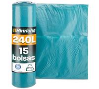 Hinrichs Bolsas de Basura 240L Extra Fuertes - 100x125 cm - Rollo de 15 - Sacos Resistentes de LDPE Reciclado - Bolsas Azules Grandes para Jardines, Hogares y Obras