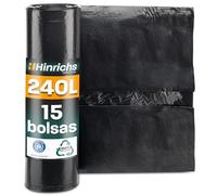 Hinrichs Bolsas de Basura Extrafuertes 240L - Rollo 15 uds - 100x125 cm - Saos para residuos muy resistentes - Plástico reciclado LDPE - Bolsas negras para desechos