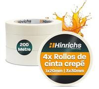 Hinrichs Cinta Carrocera 4x - Cinta Pintar 3 Rollos 50m x 30mm + 1 Rollo 50m x 20mm - Cinta Pintor para Pintar - Cinta Adhesiva para Trabajos de Pintura - Cinta pintor para Renovación y Coche