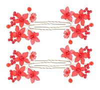 HINTRMENT Horquillas Pelo Mujer 4 Pcs Flores Mate y Perlas Rojas, Palillos para Moños Resistentes de Metal y Acrílico, Accesorios para Boda y Decoración del Cabello