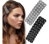 HINZIC 2 horquillas para el pelo con diamantes de imitación de cristal brillante, horquillas rectangulares plateadas y negras, accesorios coreanos de boda y fiesta para mujer