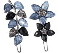 HINZIC 2 pinzas para el pelo de 2 pulgadas, color gris y negro, con diamantes de imitación de cristal, vintage, pequeñas flores, brillantes, pasadores decorativos para el pelo, boda, compromiso,