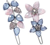 HINZIC 2 pinzas para el pelo de 2 pulgadas, color gris y rosa, con diamantes de imitación de cristal, vintage, pequeñas flores, brillantes y decorativos, para boda, compromiso, graduación, accesorios