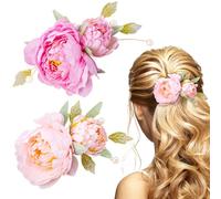 HINZIC 2 pinzas para el pelo de flores para mujeres y niñas, broches florales de perlas vintage antideslizantes 2 en 1, accesorios para decoración de fiestas, bodas, rosa y rojo