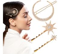 HINZIC 3 horquillas para el pelo de luna con diamantes de imitación y estrellas doradas, estilo vintage, con cristales en forma de explosión de estrellas, para bodas, compromisos, cumpleaños,