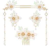 HINZIC 5 horquillas con borlas de flores para mujer, antideslizantes, con perlas de cristal y camelia, accesorios para el cabello largo