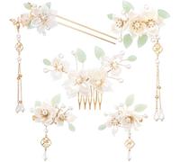 HINZIC 5 horquillas de flores de camelia, horquillas para el pelo con perlas de cristal, estilo vintage, chino, japonés, Hanfu, joyería para boda, novia, accesorios para mujer, cabello largo