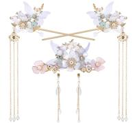 HINZIC 5 horquillas para el pelo con borlas de campanilla, diamantes de imitación de cristal, horquillas para el cabello, tocado retro de flores chinas, Hanfu, accesorios para el cabello, joyería para