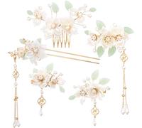 HINZIC 5 horquillas para el pelo con borlas de flores de camelia, diamantes de imitación de cristal, tocado retro chino Hanfu, accesorios para el cabello, joyería para mujeres y niñas, cabello largo