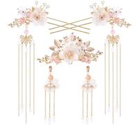 HINZIC 5 horquillas para el pelo con borlas de flores de seda, diamantes de imitación de cristal, horquillas para el pelo, tocado retro de flores chinas Hanfu, accesorios para el cabello, joyería para