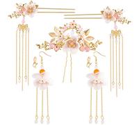 HINZIC Juego de 5 horquillas chinas para el cabello con diseño de flores y perlas, para mujeres amantes de HanFu