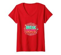 Hip Hop Break Beats Retro Graffiti Style Musical Art Camiseta Cuello V, Mujer, Rojo, M