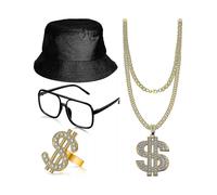 Hip Hop Clothing Kit with Bucket Hat, Sunglasses, Gold Chain And Ring, 80s/90s Rapper Accessories (set Of 4)