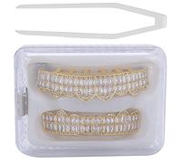 Hip Hop Grillz Braces, juego de parrillas de dientes chapadas en oro Juego de abrazaderas de diamante Decoración de dientes, juego de dientes Grillz de cobre revestido en frío Bling Grillz (Gold)