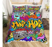 Hip Hop Radio Rock Youth Kids Graffiti Juego de Ropa de Cama niños,Colorido,Novedad,2 Piezas,Funda nórdica de único (1 Funda nórdica + 1 Fundas de Almohada),Cremallera