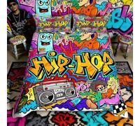 Hip Hop Radio Rock Youth Kids Graffiti Juego de ropa de cama para niños, colorida novedad decorativa funda nórdica Super King de 3 piezas (1 funda nórdica + 2 fundas de almohada), cremallera