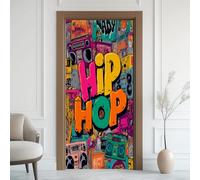Hip Hop Street Art Adhesivo para Puerta, Música Audio para Puerta, Papel Pintado Fotomural, Estilo Estados Unidos, Póster de Puerta Pop Extraíble, Lámina de PVC para Puerta, Dormitorio, Baño Adhesivo